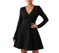 Strickkleid Damen Winter A Linie Pulloverkleid Knielang Kleid Damen Elegant Langarm Winterkleid Curvy Strickkleider V Ausschnitt Kleider Wickel Pullikleid Geripptes Herbstkleid Gestricktes