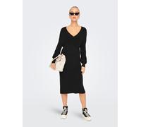 Strickkleid ONLY "ONLKATIA LS V-NECK DRESS NCA KNT", Damen, Gr. XS, N-Gr, schwarz, Strick, Obermaterial: 50% Viskose, 27% Nylon, 23% Polyester, unifarben, normal kniebedeckend, V-Ausschnitt, Rippbündc