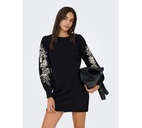 Strickkleid ONLY "ONLMAGNOLIA LS DETAIL DRESS KNT", Damen, Gr. S, N-Gr, schwarz (schwarz detail:ecru), Strick, Obermaterial: 51% Viskose, 26% Polyester, 23% Nylon, gemustert, regular fit kurz, Rundhal