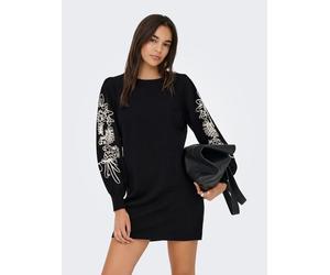 Strickkleid ONLY "ONLMAGNOLIA LS DETAIL DRESS KNT", Damen, Gr. S, N-Gr, schwarz (schwarz detail:ecru), Strick, Obermaterial: 51% Viskose, 26% Polyester, 23% Nylon, gemustert, regular fit kurz, Rundhal