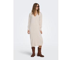 Strickkleid ONLY "ONLNEW TESSA L/S MIDI V DRESS", Damen, Gr. S, N-Gr, weiß (pumice stone melange), Strick, Obermaterial: 100% Polyacryl, meliert, unifarben, ca. Mitte Wade, V-Ausschnitt, Kleider Stric