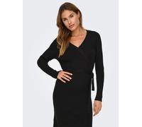 Strickkleid ONLY "ONLVENLO L/S RIB WRAP DRESS RP KNT", Damen, Gr. L, N-Gr, schwarz, Rippstrick, Obermaterial: 50% Viskose, 27% Nylon, 23% Polyester, unifarben, regular fit knielang, V-Ausschnitt, Klei