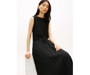 Strickkleid TOMMY HILFIGER "5X2 SLASH-NK MIX MEDIA DRS", Damen, Gr. L (42/44), N-Gr, schwarz, Web, Obermaterial: 95% Viskose, 5% Elasthan, unifarben, bequem Midi, Rundhals, Kleider Strickkleid, mit fe