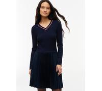 Strickkleid TOMMY HILFIGER "PREPPY MIX MEDIA MINI DRESS", Damen, Gr. S (36/38), N-Gr, Langarm, Web, blau (dunkelblau), Web, Obermaterial: 100% Polyester, unifarben mit Farbeinsatz, kurz, V-Ausschnitt,