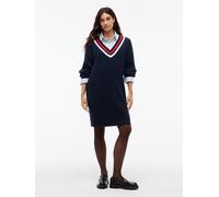 Strickkleid TOMMY JEANS "TJW CABLE RWB SWEATER DRESS EXT", Damen, Gr. M (40), N-Gr, Langarm, Jersey, blau (dunkelblau), Jersey, Obermaterial: 100% Baumwolle, unifarben mit Farbeinsatz, tiefer V-Aussch