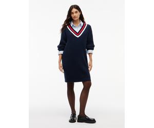 Strickkleid TOMMY JEANS "TJW CABLE RWB SWEATER DRESS EXT", Damen, Gr. M (40), N-Gr, Langarm, Jersey, blau (dunkelblau), Jersey, Obermaterial: 100% Baumwolle, unifarben mit Farbeinsatz, tiefer V-Aussch