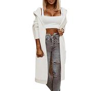 Strickmantel Lang Damen Strickjacke Mit Kapuze Open Front Grobstrick Strick Cardigan Herbst Winter Casual Outwear Basic Einfarbig Gestrickt Jacke Elegante Lose Pullover Mantel Jacke