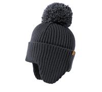 Strickmütze MAXIMO, Jungen, Gr. 49/51, grau (grau, blau), Strick, Materialmix, unifarben, Mützen Strickmütze, wärmend, breiter Umschlag, Ohrenklappen, Bommel (58891337-49) grau, blau