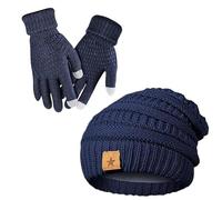 Strickmütze mit Handschuhen, Strickmütze und Handschuhen, Set aus Mütze und Handschuhen für Damen im Winter - Multifunktionale Wintermütze aus dickem Strick, warm, für Reisen, marineblau,