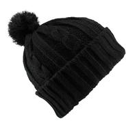 Strickmütze mit Pompom aus Kunstfell schwarz