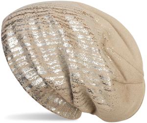 Strickmütze STYLEBREAKER "Feinstrick Beanie mit Metallic Print", Damen, beige (beige, silber), 100% Polyacryl PAN., Modisch, Mützen Strickmütze (64298121-0) beige, silber