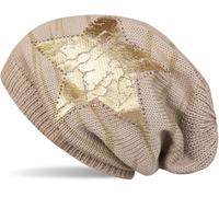Strickmütze STYLEBREAKER "Feinstrick Beanie mit Stern und Strass", Damen, beige (beige, gold), Obermaterial: 100% Viskose CV., Modisch, Mützen Strickmütze (66701820-0) beige, gold