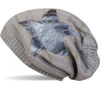 Strickmütze STYLEBREAKER "Feinstrick Beanie mit Stern und Strass", Damen, grau (hellgrau, blau), Obermaterial: 100% Viskose CV., Modisch, Mützen Strickmütze (39270924-0) hellgrau, blau