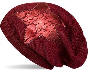 Strickmütze STYLEBREAKER "Feinstrick Beanie mit Stern und Strass", Damen, rot (bordeaux, rot, rot), Obermaterial: 100% Viskose CV., Modisch, Mützen Strickmütze (76691432-0) bordeaux, rot, rot