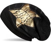 Strickmütze STYLEBREAKER "Feinstrick Beanie mit Stern und Strass", Damen, schwarz (schwarz, gold), Obermaterial: 100% Viskose CV., Modisch, Mützen Strickmütze (68406962-0) schwarz, gold