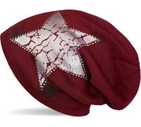 Strickmütze STYLEBREAKER "Feinstrick Beanie mit Sternen und Strass", Damen, rot (bordeaux, rot), 100% Viskose CV., Modisch, Mützen Strickmütze (62687428-0) bordeaux, rot