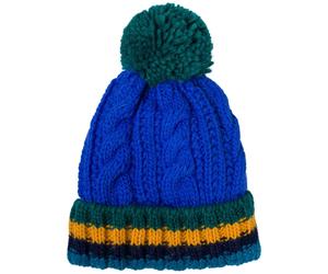 Strickmütze STYLEBREAKER "Kinder Strick Bommelmütze Zopfmuster", Jungen, blau (royalblau, dunkelgrün), 6% Nylon NY. 81% Polyacryl PAN. 9% Polyamid PA. 4% Wolle WO., Modisch, Mützen Strickmütze (160013