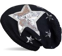 Strickmütze STYLEBREAKER "Strick Beanie mit Pailletten Stern Print", Damen, blau (midnight, blau, dunkelblau), 100% Viskose CV., Modisch, Mützen Strickmütze (19051969-0) midnight, blau, dunkelblau