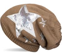 Strickmütze STYLEBREAKER "Strick Beanie mit Pailletten Stern Print", Damen, braun, 100% Viskose CV., Modisch, Mützen Strickmütze (71245401-0) braun