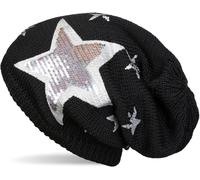Strickmütze STYLEBREAKER "Strick Beanie mit Pailletten Stern Print", Damen, schwarz, 100% Viskose CV., Modisch, Mützen Strickmütze (13046743-0) schwarz