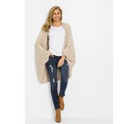Strickponcho BONPRIX, Damen, beige (kieselbeige), Obermaterial: 100% Polyester, figurumspielend, Pullover Strickponcho, aus Feinstrick, 3/4-Ärmel, figurumspielende Passform (53536038-0)
