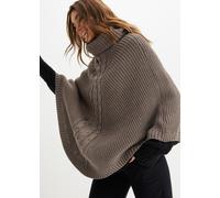 Strickponcho BONPRIX, Damen, braun (taupe), Strick, Obermaterial: 50% Polyacryl, 50% Polyester, unifarben, lässig geschnitten hüftbedeckend, hoch geschlossener Ausschnitt, Pullover, kuscheliger Rippst