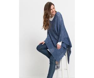 Strickponcho BONPRIX "Poncho", Damen, blau (jeansblau), Strick, Obermaterial: 50% Baumwolle, 50% Polyacryl, unifarben, figurumspielend ca. Mitte Oberschenkel, V-Ausschnitt, Pullover, mit hohem Baumwol