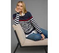 Strickpullover AJC, Damen, Gr. 32/34 (XS), bunt (marine, weiß, rot), Feinstrick, Obermaterial: 85% Baumwolle, 15% Polyacryl, bestickt, geringelt, gestreift, sehr figurbetont hüftlang, Rundhals, Rippbü