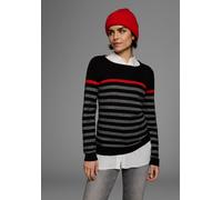 Strickpullover AJC, Damen, Gr. 48/50 (XL), bunt (schwarz, grau, rot), Feinstrick, Obermaterial: 85% Baumwolle, 15% Polyacryl, gestreift, sehr figurbetont hüftlang, Rundhals, Rippbündchen, Pullover Str