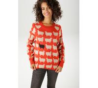 Strickpullover ANISTON CASUAL, Damen, Gr. 34, schwarz (rot, beige, schwarz), Strick, Obermaterial: 100% Polyacryl, Jacquardmuster, gemustert, figurumspielend hüftlang, Rundhals, Raglanärmel Rippstrick