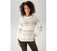 Strickpullover ANISTON CASUAL, Damen, Gr. 34, weiß (wollweiß, hellgrau), Strick, Obermaterial: 100% Polyacryl, Jacquardmuster, Rautenmuster, Zopfmuster, figurumspielend hüftlang, Rundhals, Raglanärmel