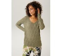 Strickpullover ANISTON CASUAL, Damen, Gr. 36, grün (khaki), Strick, Obermaterial: 100% Baumwolle, unifarben, figurumspielend hüftlang, V-Ausschnitt, Rippstrickbündchen, Pullover Strickpullover, mit tr