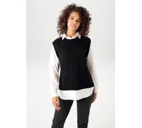 Strickpullover ANISTON CASUAL, Damen, Gr. 36, schwarz-weiß (schwarz, weiß), Strick, Obermaterial: 100% Polyacryl. Bluseneinsatz: 100% Baumwolle, kontrastfarbene Details, unifarben, lässig geschnitten