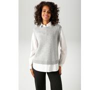 Strickpullover ANISTON CASUAL, Damen, Gr. 36, weiß (hellgraumeliert, weiß), Strick, Obermaterial: 100% Polyacryl. Bluseneinsatz: 100% Baumwolle, meliert, lässig geschnitten Po-bedeckend, 1-Knopf-Mansc