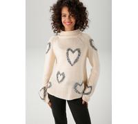 Strickpullover ANISTON CASUAL, Damen, Gr. 38, beige (hellbeige, anthrazit, hellblau), Grobstrick, Obermaterial: 70% Polyacryl, 30% Polyamid, Jacquardmuster, lässig geschnitten taillenbedeckt, Raglanär