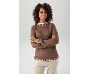 Strickpullover ANISTON CASUAL, Damen, Gr. 38, braun (braun, weiß), Grobstrick, Obermaterial: 100% Polyacryl, unifarben mit Farbeinsatz, figurumspielend hüftbedeckend, Raglanärmel Rippstrickbündchen, P