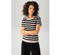 Strickpullover ANISTON CASUAL, Damen, Gr. 38, schwarz (helltaupe, schwarz), Feinstrick, Obermaterial: 70% Viskose, 30% Polyamid, geringelt, gestreift, figurbetont hüftlang, Rundhals, Strickkante, Pull