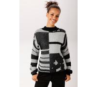 Strickpullover ANISTON CASUAL, Damen, Gr. 38, schwarz-weiß (schwarz, wollweiß), Grobstrick, Obermaterial: 100% Polyacryl, Jacquardmuster, gemustert, oversize hüftlang, Rippstrickbündchen, Pullover Str