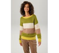 Strickpullover ANISTON CASUAL, Damen, Gr. 42, grün (mais, moosgrün, beige, camelfarben), Strick, Obermaterial: 75% Polyacryl, 22% Polyamid, 3% Elasthan, colorblocking, geringelt, gestreift, lässig ges