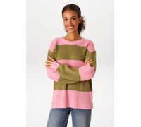 Strickpullover ANISTON CASUAL, Damen, Gr. 42, hellpink, moosgrün, Grobstrick, Obermaterial: 100% Polyacryl, colorblocking, geringelt, gestreift, oversize hüftlang, Rundhals, Strickbündchen, Pullover S