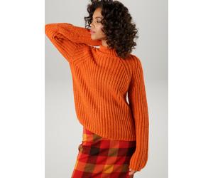 Strickpullover ANISTON CASUAL, Damen, Gr. 42, orange, Grobstrick, Obermaterial: 100% Polyacryl, unifarben, figurumspielend kurz, Raglanärmel Rippstrickbündchen, Pullover Strickpullover, mit Rollkante