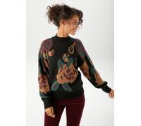 Strickpullover ANISTON CASUAL, Damen, Gr. 42, rot (schwarz, ocker, smaragdgrün, bordeaux), Strick, Obermaterial: 100% Polyacryl, Jacquardmuster, geblümt, gemustert, oversize hüftlang, Rippstrickbündch
