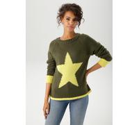 Strickpullover ANISTON CASUAL, Damen, Gr. 44, oliv, gelb, Strick, Obermaterial: 100% Polyacryl, unifarben mit Farbeinsatz, figurumspielend hüftlang, Rundhals, Raglanärmel Rippstrickbündchen, Pullover