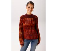 Strickpullover ANISTON CASUAL, Damen, Gr. 44, rot (bordeaux, rot, orange, gelb), Strick, Obermaterial: 52% Polyacryl, 48% Polyester, Jacquardmuster, gemustert, figurumspielend hüftlang, Raglanärmel Ri