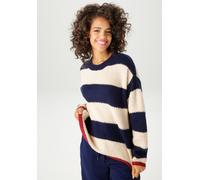 Strickpullover ANISTON CASUAL, Damen, Gr. 44, rot (marine, hellbeige, bordeaux), Grobstrick, Obermaterial: 95% Polyacryl, 5% Polyamid, colorblocking, gestreift, oversize hüftlang, Rundhals, Rippstrick