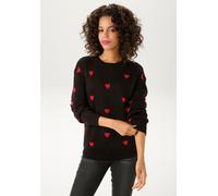 Strickpullover ANISTON CASUAL, Damen, Gr. 44, schwarz (schwarz, rot), Strick, Obermaterial: 100% Polyacryl, Jacquardmuster, gemustert, figurumspielend hüftlang, Rundhals, Rippstrickbündchen, Pullover 