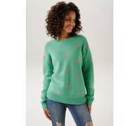 Strickpullover ANISTON CASUAL, Damen, Gr. 46, grün (grün, pink), Strick, Obermaterial: 100% Polyacryl, Jacquardmuster, gemustert, figurumspielend hüftlang, Rundhals, Rippstrickbündchen, Pullover Stric