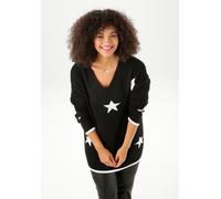 Strickpullover ANISTON PLUS, Damen, Gr. 54, schwarz, weiß, Feinstrick, Obermaterial: 50% Viskose, 28% Polyester, 22% Polyamid, gemustert, oversize Po-bedeckend, V-Ausschnitt, Strickbündchen kontrastfa