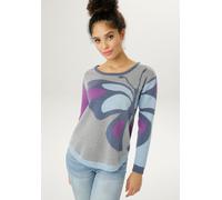 Strickpullover ANISTON SELECTED, Damen, Gr. 36, bunt (grau, lila, rauchblau, hellblau), Feinstrick, Obermaterial: 50% Viskose, 26% Polyamid, 24% Polyester, Jacquardmuster, colorblocking, meliert, figu