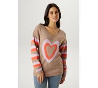 Strickpullover ANISTON SELECTED, Damen, Gr. 38, braun (braunbeige, orange, rosa), Strick, Obermaterial: 50% Viskose, 26% Polyamid, 24% Polyester, gemustert, hüftbedeckend, V-Ausschnitt, Pullover Stric